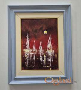 Ulje na platnu - Jedrenjaci i mesec, prelepa slika!