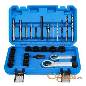 Set alata za vadjenje ostecenih matica i vijaka  Sadržaj kompleta:   13x utičnice: 1/4", 8mm, 3/8", 10mm, 11mm, 12mm, 1/2", 13mm, 14mm, 16mm, 17mm, 11/16", 19 mm (3/4"). 5x nastavci: br. 1-5 5x burgije različitih veličina: 3/32", 1/8", 5/32", 1/4", 9/32" 1x adapter za 1/4" nasadne glave 1x kućni adapter 1x igla za izvlačenje 2x alati za rezanje matica.  Ukoliko zelite da porucite Posaljite poruku  1 Ime i prezime 2 Ulica i broj 3 Mesto i postanski broj 4 Broj telefona za kontakt