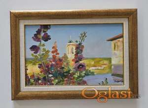 Ulje na lesonitu - Crkva u cvecu, prelepa slika!