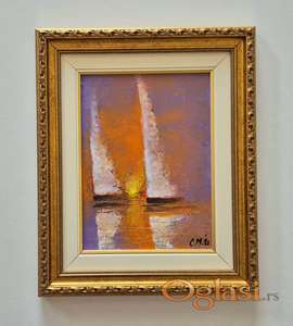 Ulje na kartonu - Jedrenje uz zalazak sunca