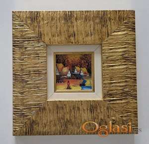 Naiva, ulje na staklu - Jesen u selu. Minijatura