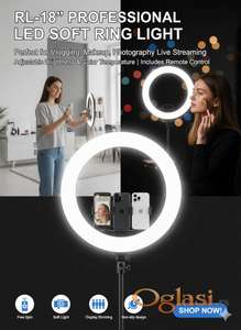 RL-18 LED Ring Light – Profesionalno Svetlo za Vaš Sadržaj!  Da li ste spremni za slike i videe profesionalnog kvaliteta?  Ovaj moćni RL-18" Ring Light je must-have za svakog kreatora, vlogera i šminkera!  Glavne Prednosti: 18 Inča: Ogromna snaga za savršeno, ujednačeno osvetljenje bez senki.  3 Telefona Istovremeno: Jedinstveni nosač za snimanje ili strimovanje sa do tri uređaja. Podesivo Svetlo: Lako menjajte temperaturu i jačinu (hladno/toplo) preko ekrana ili daljinskog.  Meko Svetlo: Savršeno za portrete i šminku – izbegnite oštre senke!  Daljinski Upravljač: Kontrolišite svetlo bez prekida snimanja.  Idealno za: Vlogovanje  Šminkanje  TikTok & Live Streaming  Ukoliko zelite da porucite Posaljite poruku 1 Ime i prezime 2 Ulica i broj 3 Mesto i postanski broj 4 Broj telefona za kontakt