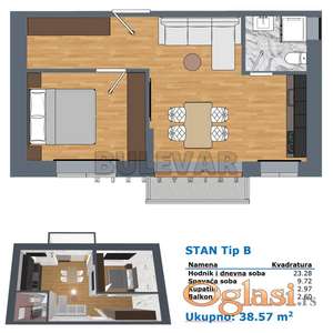 Jednoiposoban stan, novo, Durlan, parking, prizemlje, 35 m2