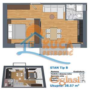 Jednoiposoban stan, novo, Durlan, parking, I  sprat, 39 m2