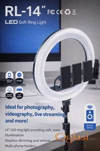 LED Ring Light RL-14” – prstenasto svetlo sa daljinskim upravljačem  Na prodaju LED Soft Ring Light RL-14”, idealno za snimanje videa, fotografiju, TikTok, Instagram, YouTube, live stream i online sastanke.  Karakteristike:  Prečnik: 14 inča  Meko i ravnomerno prstenasto osvetljenje Stepless dimming – glatko podešavanje jačine svetla  Daljinski upravljač  Držač za telefon (mogućnost više telefona)  Stabilna montaža na stalak  Bez treperenja, ne zamara oči  Moderan i praktičan dizajn  Primena:  Beauty i makeup sadržaj  Video pozivi i online nastava  Vlogovi i društvene mreže  Profesionalna i kućna upotreba  Stanje: novo Ukoliko zelite da porucite Posaljite poruku 1 Ime i prezime 2 Ulica i broj 3 Mesto i postanski broj 4 Broj telefona za kontakt