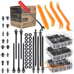 Set auto klipova i klinova + izvlakača 655 kom  Set sadrži 16 različitih vrsta klipova koji odgovaraju mnogim modelima automobila, što olakšava popravku tapacirunga, lajsni na vratima i elemenata ukrasa.  Pored toga, 10 kablovskih vezica u dve veličine omogućavaju lako organizovanje kablova i žica, poboljšavajući estetiku i funkcionalnost enterijera.  Četiri posebne poluge za uklanjanje panela obezbeđuju bezbedno i neinvazivno uklanjanje komponenti bez rizika od oštećenja.  Visokokvalitetni najlon – izdržljiv i otporan na spoljašnje faktore  Novo i ne korišćeno    Ukoliko zelite da porucite 1. Ime i prezime 2. Ulica i broj 3. Postanski broj mesto 4. Kontakt telefon