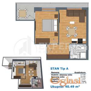 Jednoiposoban stan, novo, Durlan, parking,  II  sprat, 42 m2