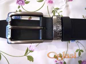 Novi muski kozni markirani kais Philipp Plein sa sivom snalom Novo