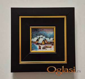 Naiva, ulje na staklu - Zima u selu. Minijatura