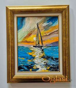 Ulje na platnu - Jedrenjak i zalazak sunca