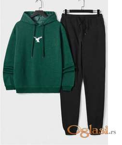 Men Deer Print Drawstring Hoodie & Sweatpants