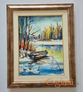 Ulje na platnu - Zima na reci, prelepa slika!