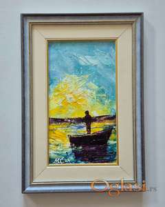 Ulje na platnu - Decak i zalazak sunca