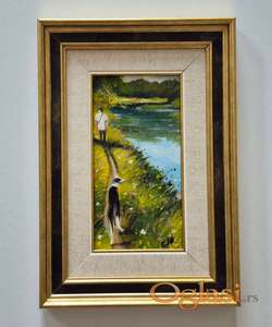 Ulje na platnu - Covek i pas. Minijatura