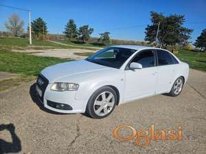 A4 3x S Line 125kw 2.0 TDI perla bela 2007 god. Redak model atraktivnog izgleda u odlicnom stanju reg na moje ime do kraja 2026 god. S Line oprema znaci skoro sve. Prelepo mu stoji perla bela boja sa tamnim staklima, unutra preudobna kozna sedista, kozni trokraki MF volan, odlicno ozvucenje, multimedija, navigacija, tempomat, klima radi, senzori napred, nazad, rikverc kamera, xsenoni, maglenke, alarm, pozadi dva auspuha. Lepe alu felne 17 sa novim gumama napred. Na poklon skoro nove 4 zimske gume na celicnim felnama i original ratkapne. . . Auto je redovno servisiran i odrzavan, tek uradjen mali servis ulje Shell 5w30 i svi filter. Veliki servis uradjen pre 25.000 km. Ja sam ga kupio u Sloveniji od vlasnice, dovezao ga na tockovima i pred ng ga registrovao na svoje ime. Prodajem ga jer mi vise ne treba. Imam vise automobila. Prevod je obavezan i odmah. Cena 6500e fixno bez zamena. Sabac centar.