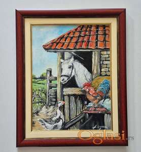 Ulje na lesonitu - Selo i zivotinje, prelepo!