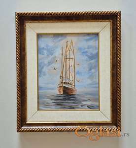 Ulje na platnu - Brod, ptice i more