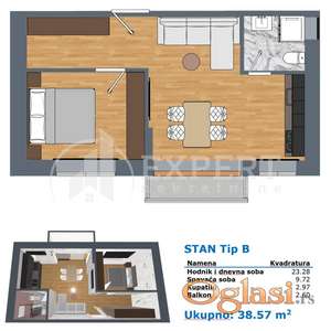 Jednoiposoban stan, novo, Durlan, parking, prizemlje, 35 m2