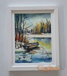 Ulje na platnu - Zimsko jutro na reci