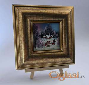 Naiva, ulje na staklu - Zima u selu. Na stalku