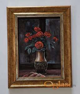 Ulje na lesonitu - Vaza sa crvenim cvecem