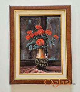 Ulje na lesonitu - Stara vaza sa crvenim cvecem