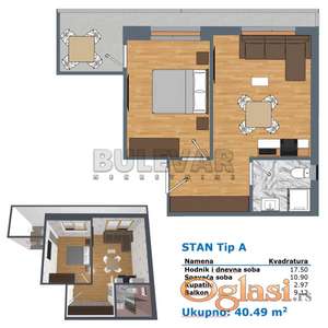 Jednoiposoban  stan, novo, Durlan, parking, prizemlje, 36 m2
