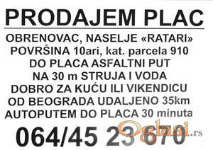 Prodajem parcelu u naselju Ratari kod Obrenovca