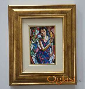 Slika - Uz cvece, akril na platnu. Minijatura