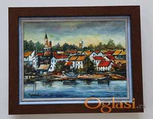 Ulje na platnu - Crveni krovovi uz reku