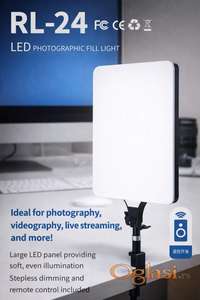 LED panel lampa RL-24 – foto i video svetlo  Na prodaju LED fotografsko fill light svetlo RL-24, namenjeno za kvalitetno osvetljenje pri fotografisanju i snimanju videa. Odlično za live stream, TikTok, YouTube, online sastanke i beauty sadržaj.  Karakteristike:  Veliki LED panel – daje meko i ravnomerno svetlo  Stepless dimming – kontinuirano podešavanje jačine  Daljinski upravljač Neutralna boja svetla, prirodan izgled  Bez treperenja, ne zamara oči  Laka montaža na stalak  Tanak i moderan dizajn  Idealno za:  Fotografiju i video snimanje  Live streaming i vlogove  Online časove i video pozive  Šminkere i kozmetičke salone  Stanje: novo Ukoliko zelite da porucite Posaljite poruku 1 Ime i prezime 2 Ulica i broj 3 Mesto i postanski broj 4 Broj telefona za kontakt