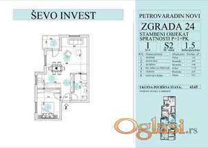 Novi Sad, Petrovaradin Novi, Odličan jednoipopsoban stan, sa velikim dnevnim boravkom, 44m2, I sprat, terasa!