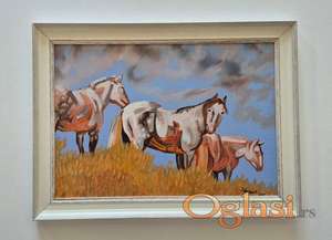 Ulje na kartonu - Konji na ispasi, prelepo!