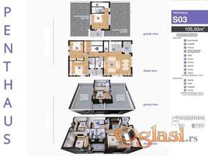 Južni Telep-Lep Trosoban PENTHAUS 106 m2 u Izgradnji sa Gratis Krovnom Terasom-povrat PDV-065/385 8880