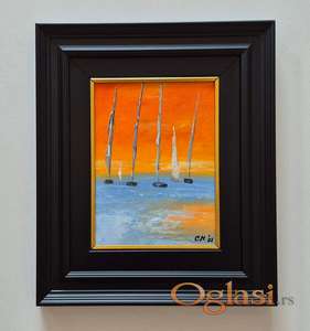 Ulje na platnu - Skup jedrilica, prelepa slika!