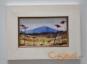 Ulje na platnu - Crveni makovi pod plavim brdom