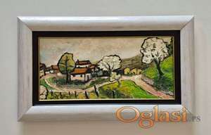 Ulje na lesonitu - Malo selo, prelepa slika!