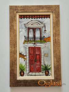 Ulje na platnu - Stara kuca sa crvenim vratima