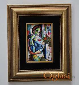 Slika - Dama i cvece - akril na platnu. Minijatura